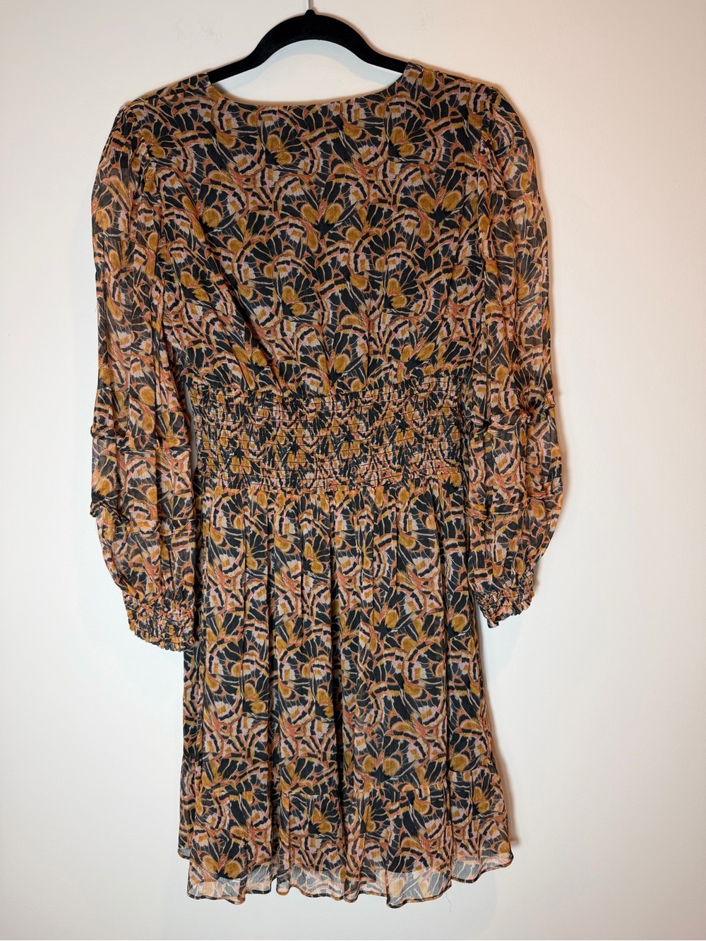 Shoshanna Smocked Waist Black/Brown Floral V-Neck Dress Long Sleeve Size 8 - Picture 6 of 10